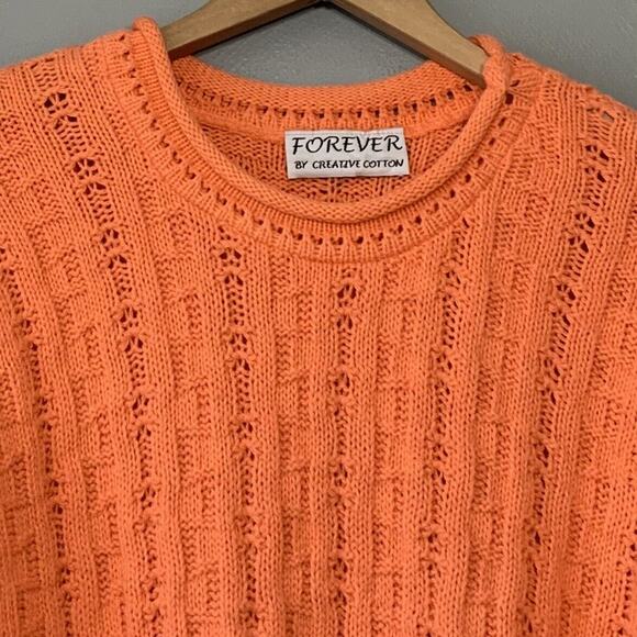 Vintage 80s Cotton Sweater Size Large Orange Roll Neck Hem Fisherman Dopamine - Picture 3 of 6